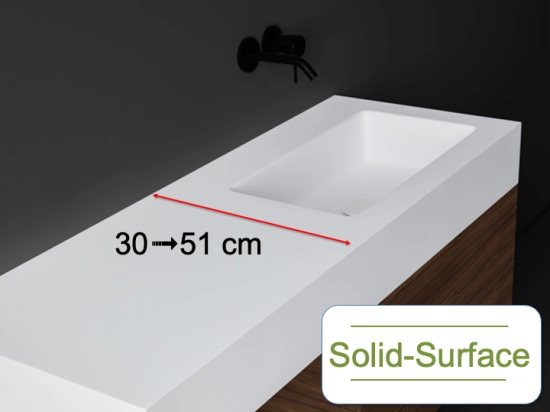 Plan vasque lavabo sur mesure : L 50 à 201 x P 30 à 51 cm, finition lisse mate, Solid-Surface, Anti bactérien, résine Akrytan® Solid, teinté dans la masse, Livraison Offerte.